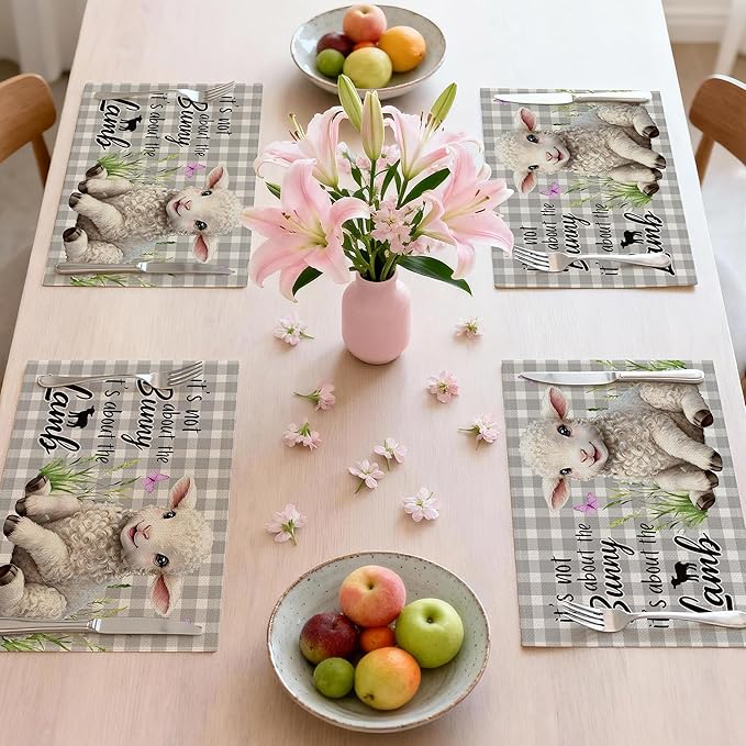Easter Placemats Set of 4 12x18 inches, It's Not About the Bunny It's About the Lamb Easter Decor for Table, Party, Home - Farmhouse Spring Buffalo Plaid Lamb Table Mat Decroations
