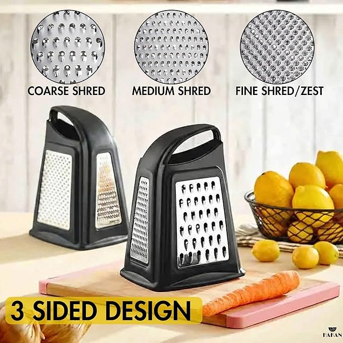 Hakan Grater, Chop and Peel Set | Handheld 3-Sided Grater with Multiple Shred Sizes, Y-Shaped Vegetable Peeler, I-Shaped Food Slicer & Spear Knife | Stainless Steel Kitchen Tools | Black, 4 Pcs