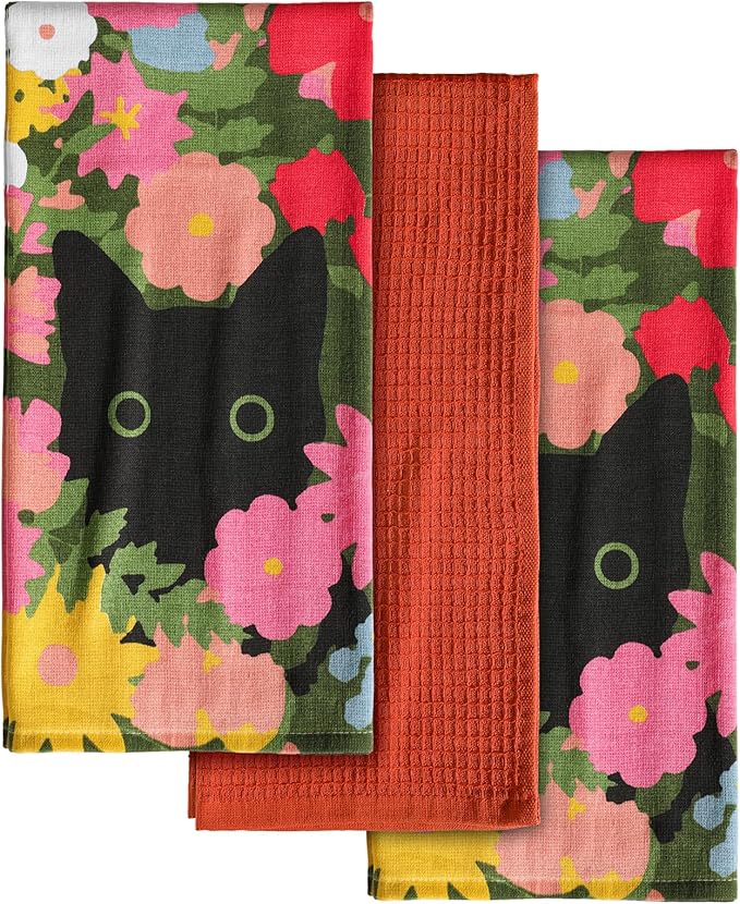 Miss Adola 3pcs Cotton Kitchen Towels - 270 GSM 15x25 Inch Terry Cloths Reusable Dish Cloths for Cleaning Absorbent Soft Hand Tea Towels with Hanging Loop for Housewarming Home Decor, Cats in Flowers