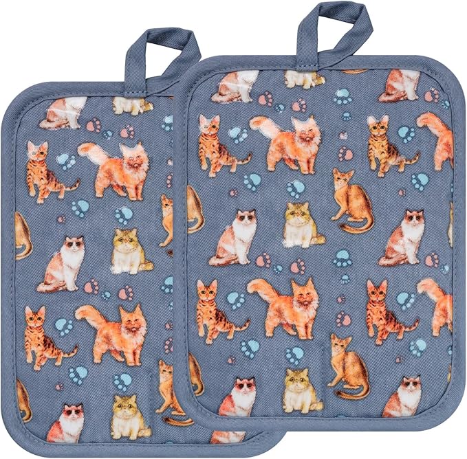 Pot Holders Set of 2 Heat Resistant 480 ℉Non Slip Clear Silicone Printed Comfortable Cotton Lining Kitchen Women Men Cooking Baking Microwave Machine Washable (Cat, Grey potholders)