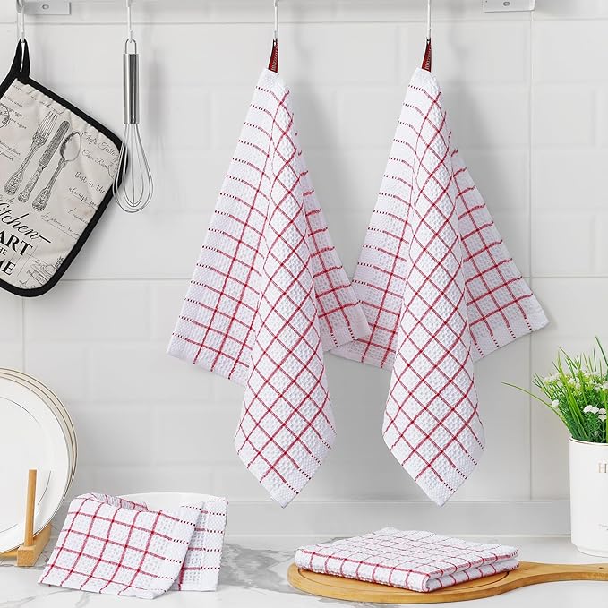Homaxy 100% Cotton Dish Cloths, 12 Pack-12 X 12 Inches, Check Design Waffle Weave Dish Rags for Washing Dishes, Ultra Absorbent and Fast Drying Dishcloths, Red
