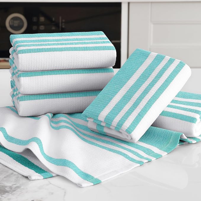 Homaxy Premium Kitchen Towels 18”x 28”, Large Cotton 380 GSM Kitchen Hand Towels, Stripe and Terry Dish Towel, Highly Absorbent Tea Towel Set with Hanging Loop, 6 Pack, Teal