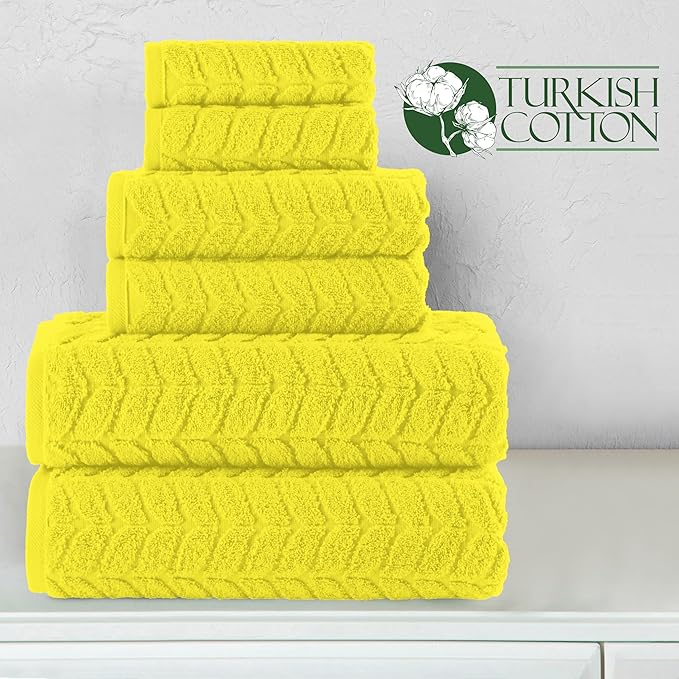 Elegant Comfort Luxury 6-Piece 100% Turkish Cotton Jacquard Braided Textured Premium Hotel Quality Towel Set– Soft and Absorbent, Includes 2 Bath Towels, 2 Hand Towels and 2 Washcloths, Yellow