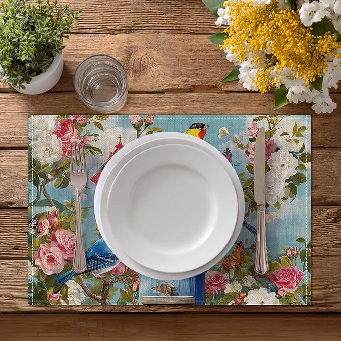 HOMETITUTE Birdhouse Art Linen Placemats Set of 4 12x18 inch Spring Table Mats for Dining Table Farmhouse Decorations Kitchen Decor Desk Mat for Outdoor Home Party Kitchen Seasonal Dining Decor