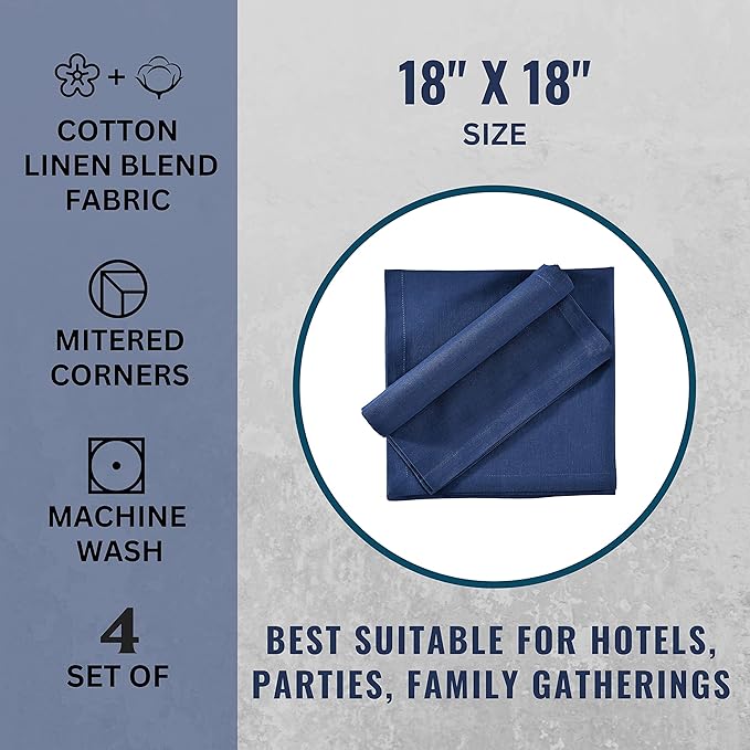 Cloth Napkins Dinner Washable Set of 4 in Cotton Linen Fabric Premium Quality, Mitered Corners for Reusable Every Day Use Pre Shrunk and Good Absorbency Christmas Cloth Napkins (Pack of 4, Navy)