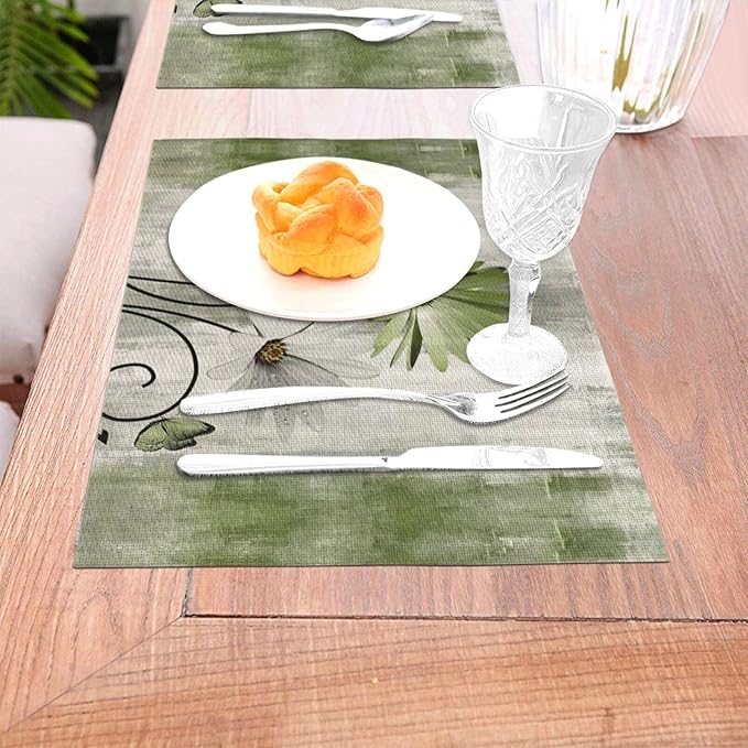 Floral Place mats Set of 4, 12x18 Inches Rustic Sage Green Daisy Flower Decorative Placemats Rectangle Floral Linen Table Mats for Party Home Kitchen,Dining Table Decoration