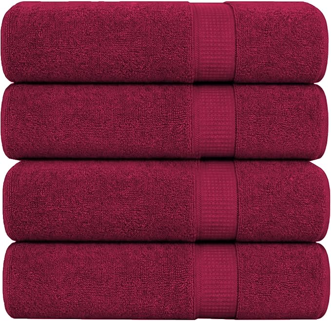 GOLD TEXTILES Premium Bath Towels Set (Pack of 4,27 x 54) 100% Ring-Spun Cotton Bathroom Towels for Hotel, Spa, Soft and Absorbent (27 x 54, Red Wine - 4 Pcs)