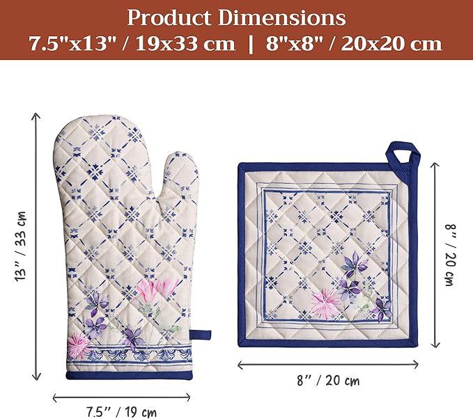 Maison d' Hermine 100% Cotton Oven Mitt & Pot Holder Set (7.5"x13" & 8"x8") Heat Resistant BBQ Cooking Gloves with Loop Baking Grilling Kitchen Gifts for Mothers Day Spring/Summer (Faience)