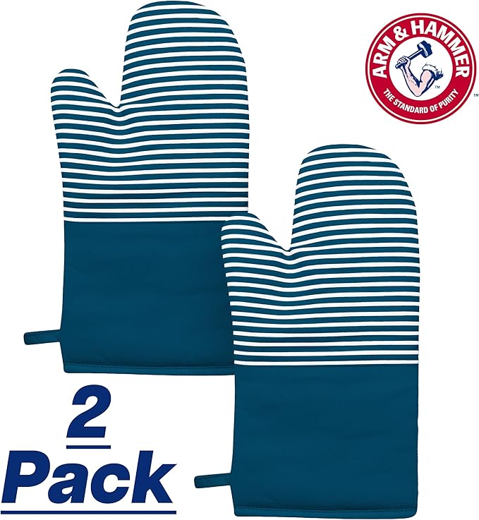 Arm & Hammer Striped Oven Mitts, Heat Resistant, Non-Slip Silicone Grip, 2 Pack, Navy