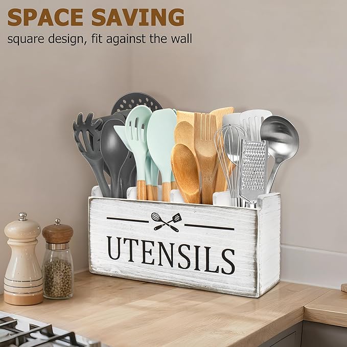 RedCall Extra Large Utensil Holder Organizer,4 Compartments Wooden Kitchen Tool Holder for Countertop,Rustic Farmhouse Utensil Organizer for Spatula Spoon Storage (Antique-4)