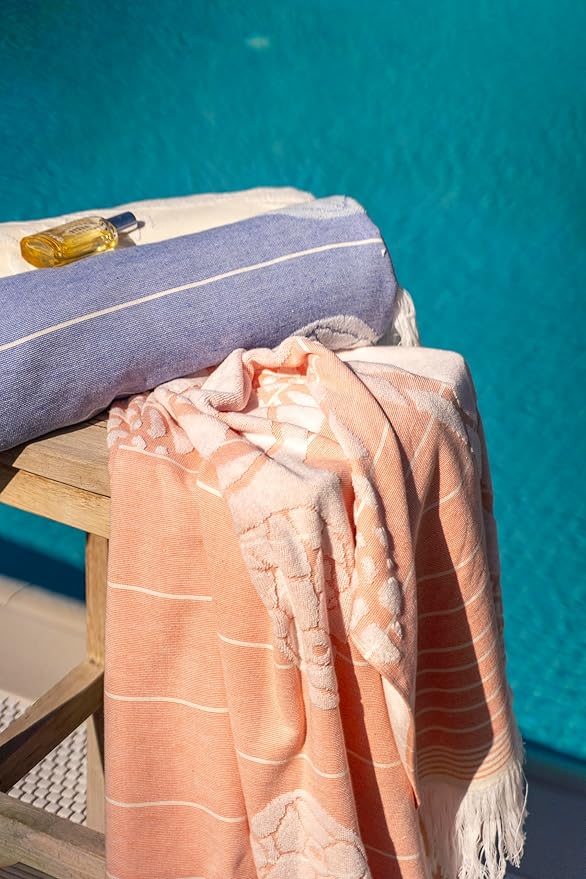 SOFE H&L | LINVIA Foutah Quick Dry Beach Towel Pack of 2 (35” x 70”) CARETTA - Coral | Lightweight, Premium, Fade Resistant, Durable | Travel Towel, Turkish Beach Towel with Shoulder Strap