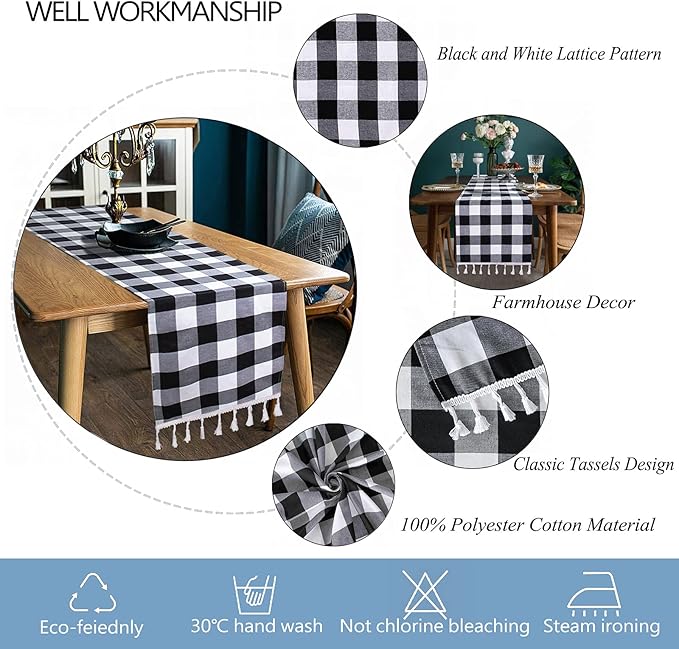 DUOBAO Black and White Checkered Table Runner 90 inches Long Halloween Tablecloth Runners Buffalo Plaid Fabric with Tassels Gingham for Table Outdoor Indoor Wedding Birthday Party (14x90-Inch)