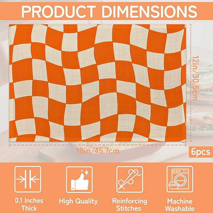 Abstract Orange Plaid Placemats Set of 6,Washable Kitchen Dining Linen Table Mats for Home Party Dinner Indoor Outdoor 12x18Inch