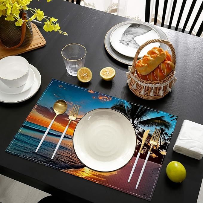 Tropical Beach Palm Tree Sunset Placemats Set of 6, Washable Heat Resistant Table Mat Linen Place Mats for Party Kitchen Dining Home Decor 12x18 Inch