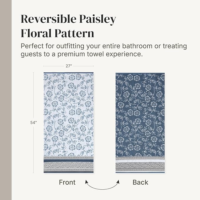 Modern Threads Floral Trail 6-Piece 100% Cotton Towel Set – Reversible Yarn Dyed Jacquard - Includes 2 Bath Towels, 2 Hand Towels, 2 Washcloths – Absorbent, Quick Dry, Soft & Durable – Navy