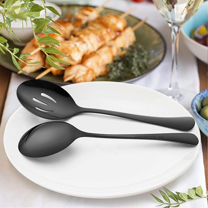 LIANYU 6-Piece Black Serving Spoons, Black Slotted Spoons, Stainless Steel Serving Utensils for Party Buffet Restaurant Banquet Dinner Catering, 8 3/4 Inch, Dishwasher Safe