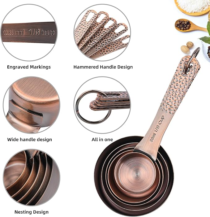 Smithcraft Measuring Cups and Spoons Set 14, Copper Measuring Cups and Spoons Set for Dry & Liquid, Metric & US Stainless Steel 6 Measure Cups and 7 Spoons Set w/Leveler for Kitchen & Baking