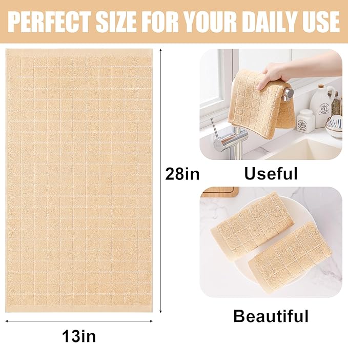Homaxy 100% Cotton Terry Kitchen Towels(Apricot, 13 x 28 inches), Checkered Designed, Soft and Super Absorbent Dish Towels, 6 Pack