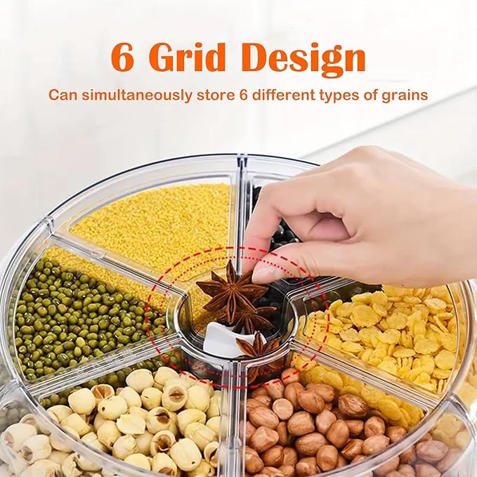 Rotating Grain Storage Bin - 6 Grids 22LBS Capacity Rice Food Dispenser with One-Click Output & Moisture-Proof Design, Kitchen Countertop Pantry Organizer for Rice, Beans, Cereals (Large)