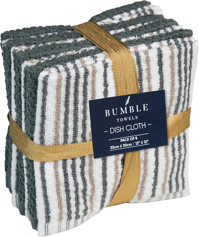 Bumble Towels Premium Dish Cloths 12"x12" | 100% Natural Ring Spun Cotton Tea Towel Set | 430 GSM | Highly Absorbent & Soft | 8 Pack - 4 Popcorn Striped & 4 Solid Kitchen Towels - Gray