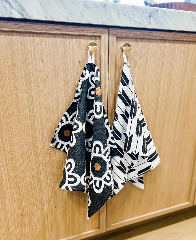 2 Pack Double Sided Kitchen Towels || Dish Towels || Quick Dry || Designer Prints || Highly Absorbent || Hanging Hook (Black)