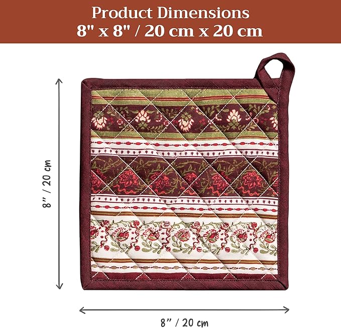Maison d' Hermine Pot Holders Set 100% Cotton Heat Resistant Potholders 8" x 8" Hot Pads with Loop for Thanksgiving Christmas Decorations Baking Handling Hot Pans (Pack of 2, Reveillon Au Jardin)