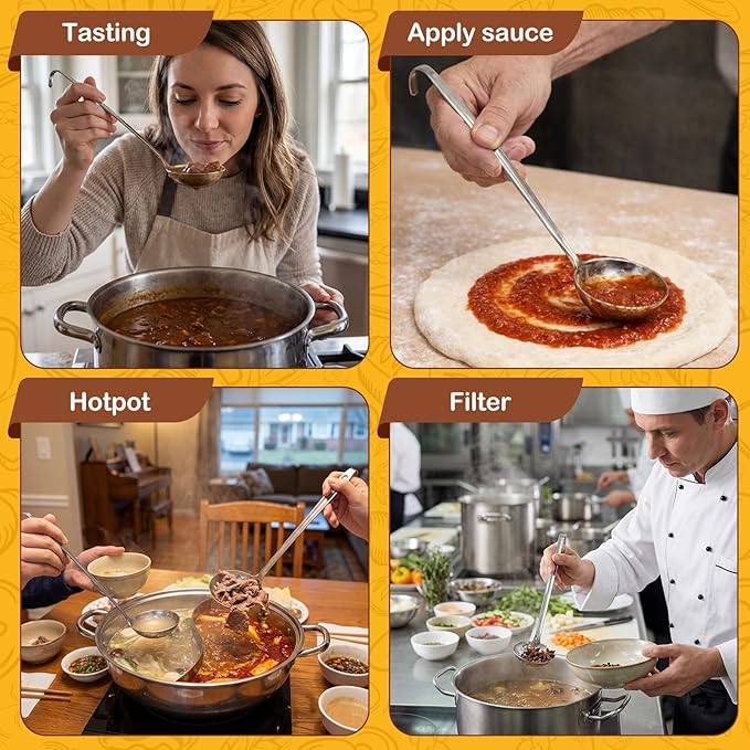 Stainless Steel Soup Ladle Serving Ladle Scoop and Slotted Spoon Set of 2 with Hook for Hanging, Cooking Utensils Set for Kitchen(1 oz)