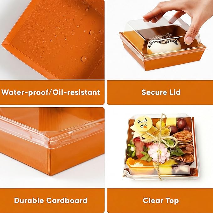 Leafiew 50 Pack Small Charcuterie Boxes with Clear Lids - To Go Paper Mini Charcuterie Box, Disposable Food Containers, 5Inch Dessert Boxes - Sandwich, Cookie, Sushi, Cake Slice, Strawberries (Orange)