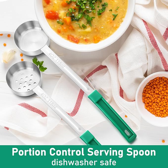 Teenyyou 16 Pcs Portion Control Serving Spoons, Restaurant Measuring Serving Ladle Utensils, Portion Control Slotted Scoops for Weight Loss, Solid and Perforated Scoops(Green,4 oz)
