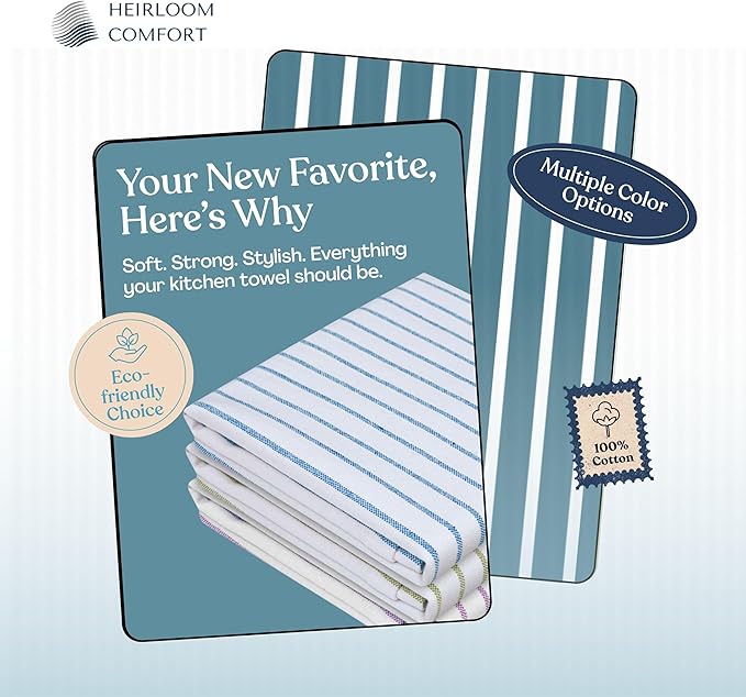 Multi Colors Kitchen Towels 3 Pack, 100% Cotton, Classic Striped Towel Set, Super Absorbent & Durable Dishcloths, Quick Drying for Drying Dishes - Turquiose Blue, Green, Lavender