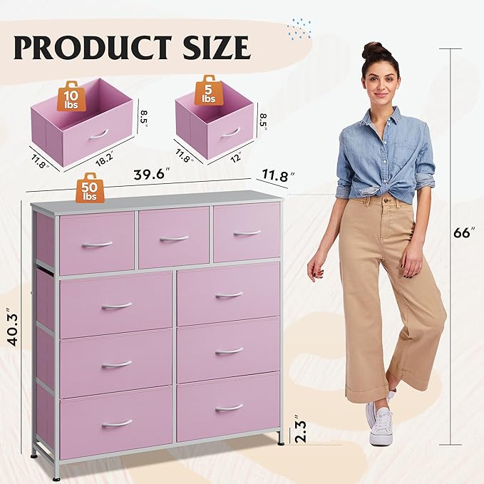 WLIVE 9 Drawer Dresser, Fabric Storage Tower for Bedroom, Hallway, Closet, Tall Chest Organizer Unit for Bedroom with Fabric Bins, Steel Frame, Wood Top, Easy Pull Handle, A-Pink