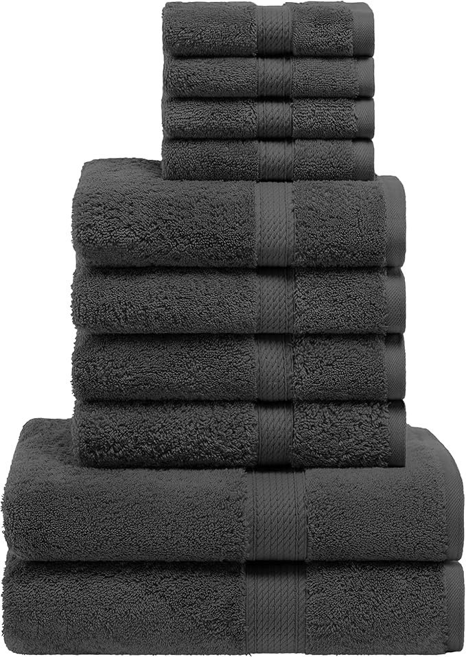 Superior Egyptian Cotton Pile 10 Piece Towel Set, Includes 2 Bath, 4 Hand, 4 Face Towels/ Washcloths, Ultra Soft Luxury Towels, Thick Plush Essentials, Guest Bath, Spa, Hotel Bathroom, Charcoal