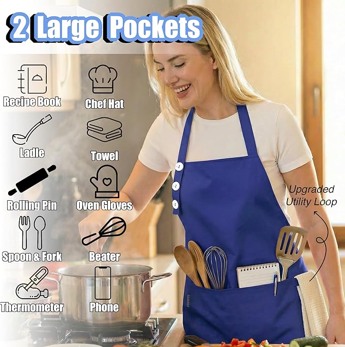TOSHE Kitchen Apron Waterdrop Resistant Cotton Apron with adjustable Aprons for Women with Pockets 10 Color option Cooking Blue Apron (Navy Blue)
