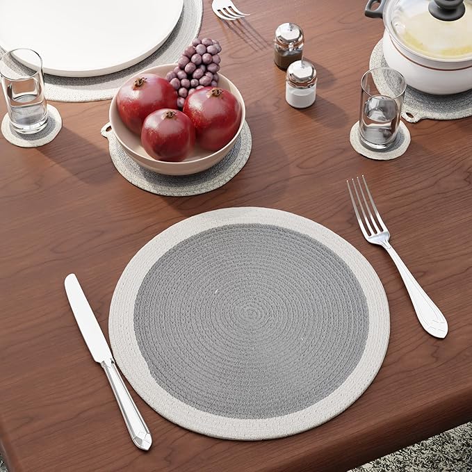 Encasa XO Cotton Dining Table Combo Set of 4 Placemats, 4 Drink Coasters, 3 Trivets | Handmade Rib Style | Grey | Absorbent & Heat Resistant
