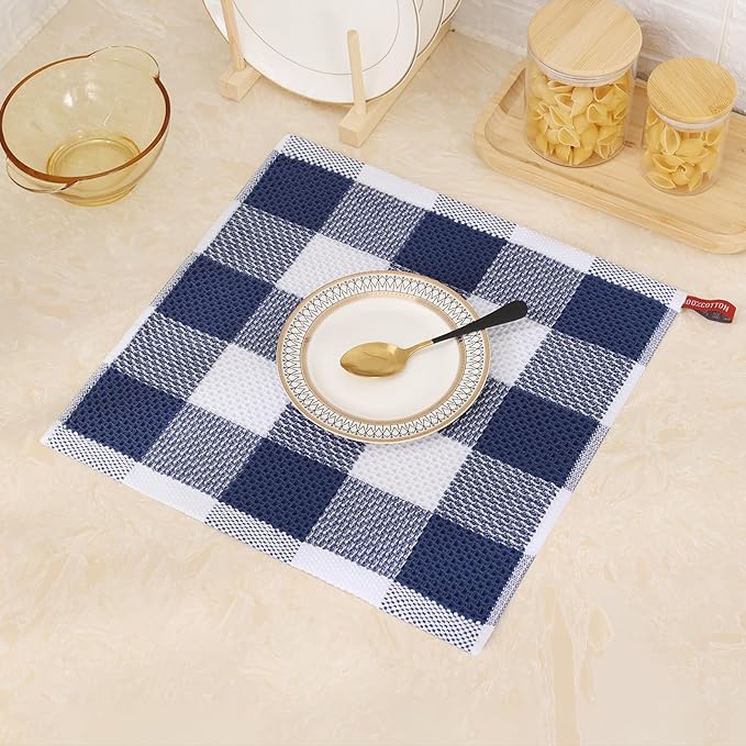 Mordimy 100% Cotton Waffle Weave Plaid Dish Cloths, 12 x 12 Inches, Super Soft and Absorbent Quick Drying Buffalo Check Dish Rags for Kitchen, 6-Pack, White & Navy Blue