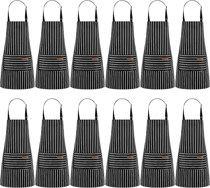 Handepo 12 Pcs Cotton Aprons for Women Men with Pockets Soft Adjustable Bib Stripe Aprons for Cooking Kitchen Chef