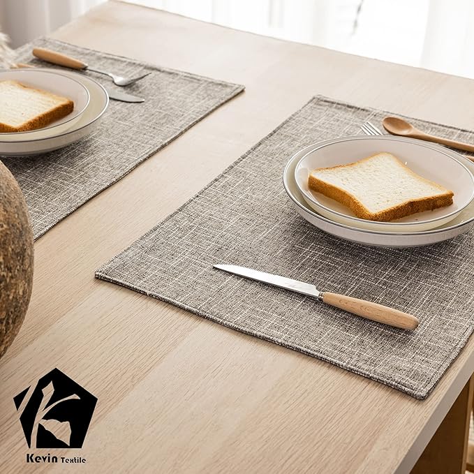 Kevin Textile Burlap Linen Placemats Set of 6 Heat Resistant Dining Table Place Mats Washable Kitchen Table Mats for Dinning Party Holiday Indoor Outdoor, 13 x19 inches, Sesame Grey