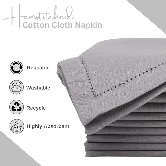 Lightnpro Decorative Cloth Dinner Napkins with Hemstitched, Wedding, Cocktail & Party Napkins, Mitered Corners, Machine Washable, 12 Elegant Table Napkins for Special Occasions - 18x18 Inch Ash Grey