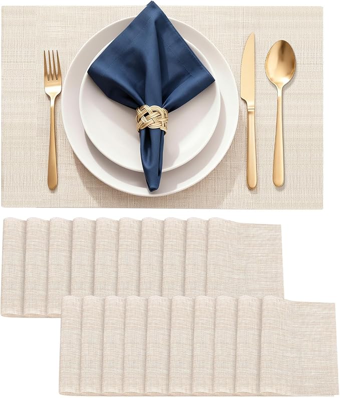 Durable Vinyl Placemats Set of 20, Non-Slip for Dining Table Mat, Heat Resistant Place Mats, Washable Anti-Slip PVC Easy to Clean Wipeable Premium Plastic Mats for Kitchen Beige