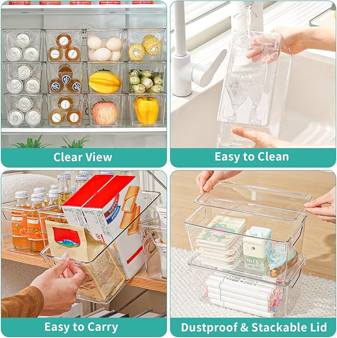 6 Pack Small Clear Storage Bins with Lids, Acrylic Arts and Craft Storage Containers, Stackable Clear Plastic Craft Storage Bins with Handles for Pantry Organizers and Storage, Kitchen, Fridge, Office