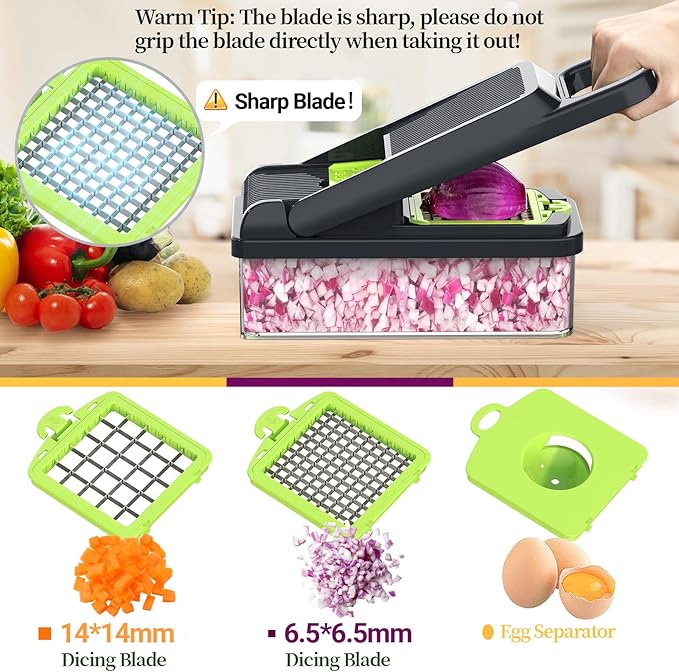 StoreHappily 12-in-1 Vegetable Chopper, 7 Blades Veggie Chopper with Container and Lid, Dicer, Slicer, Multifunctional Kitchen Gadgets, Vegetable Cutter with Handle, Onion Cutter(Green/Grey)