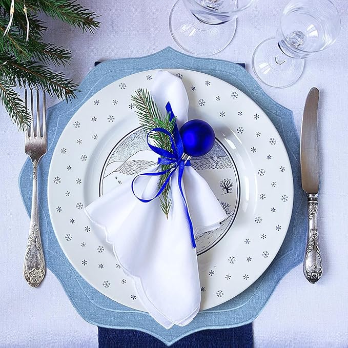 Set of 8 Cotton Linen Placemats, 15x15 Round Scalloped Cloth Table Mats, Embroidery Machine Washable, Wrinkle Resistance Fabric Place Mats for Wedding Summer Baby Shower Party Table Decor-Blue
