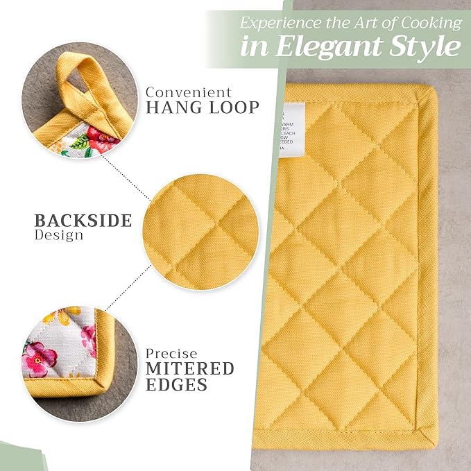 Maison d' Hermine Pot Holders 100% Cotton Heat Resistant Potholders 8" x 8" Hot Pads with Loop Baking Gifts for Mothers Day Handling Hot Pans Spring/Summer (Pack of 2, Happy Florals - Sweety)