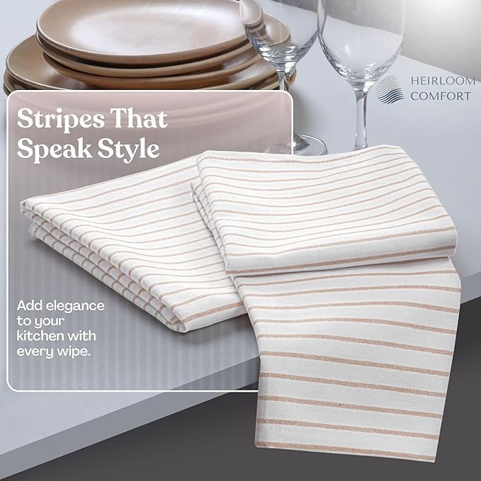 Beige Stripe Kitchen Towels, 5 Pack, 100% Cotton, Super Absorbent and Quick Dry, Classic Striped Towel Set, Durable Dish Cloths for Kitchen Use, Cleaning & Drying Dishes