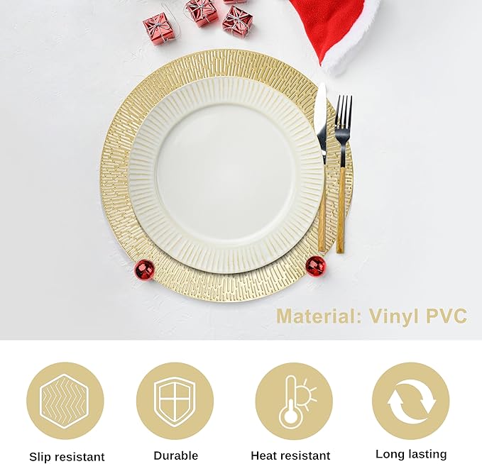 Snowkingdom Round Gold Placemats Set of 12, Gold Vinyl Metallic 15 Inch Round Placemat, Washable Wipeable Hollow Place Mats Non Slip Dining Table Mats for Halloween Wedding Party Christmas Decoration