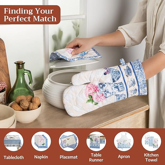 Maison d' Hermine 100% Cotton Oven Mitt & Pot Holder Set (7.5"x13" & 8"x8") Heat Resistant BBQ Cooking Gloves with Loop Baking Grilling Kitchen Gifts for Mothers Day Spring/Summer (Canton)