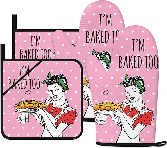 Funny Oven Mitts and Pot Holders Sets Pink Kitchen Accessories Cute Kitchen Decor Funny House Warming Gifts Heat Resistant Cooking Baking Gifts for Women (Pink, Oven Mitts & Pot Holders)
