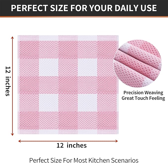 Homaxy 100% Cotton Waffle Weave Check Plaid Dish Cloths, 12 x 12 Inches, Super Soft and Absorbent Dish Towels Quick Drying Dish Rags, 6-Pack, White & Pink