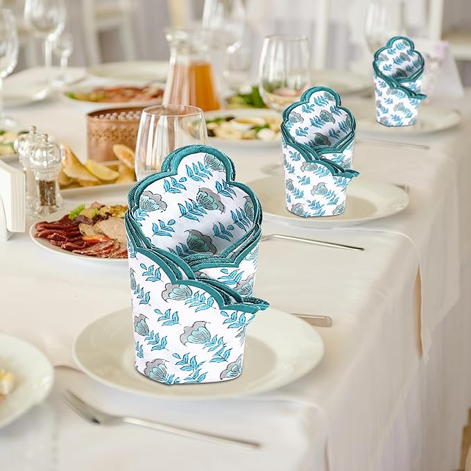 Ridhi Hand Block Print Aquamarine Blue 18" x 18" (Set of 4) Embroidery Table Napkins Reusable Cotton Dinner Napkins for Weddings, Parties, Everyday Dining Gift for Spring, Easter, Valentine