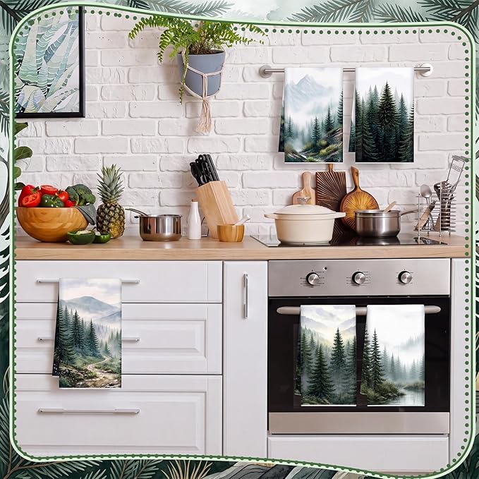Breling Set of 6 Green Misty Forest Kitchen Towels Forest Dish Towel Bathroom Decorative Green Cloths for Kitchen Bathroom Home Cooking Housewarming Gifts, 14 x 21 Inch